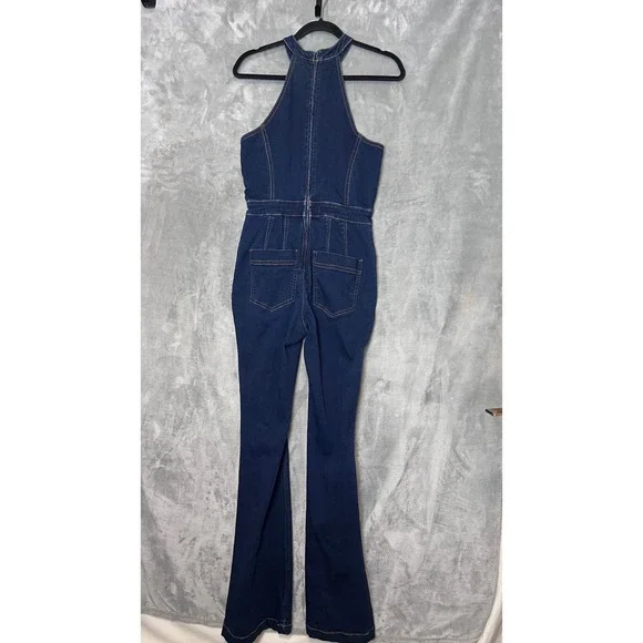 Free People We The Free Dark Wash Denim Halter Flare Leg Jumpsuit Size 6 - Picture 8 of 9